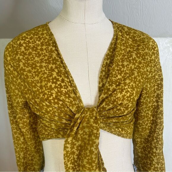2/$30 Wild Fable Bell Long Sleeve Tie-Front Blouse Mustard Yellow Floral - Picture 6 of 11